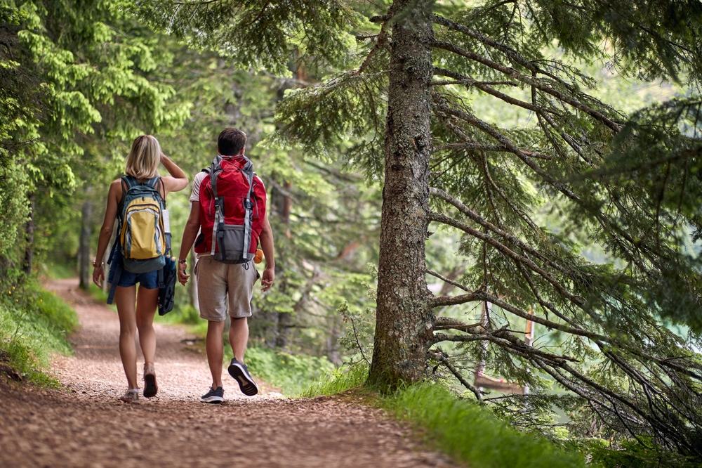ACoupleIsHikingTheForestPathOnABeautiful - welltica.dk - Vejen til et bedre liv