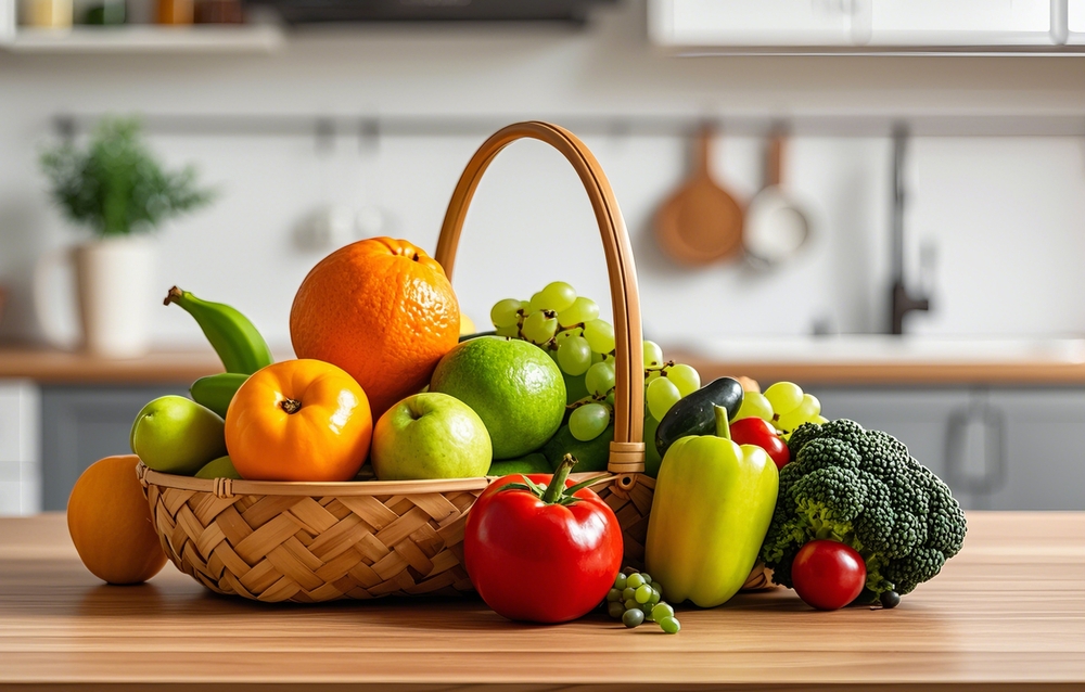 CollectionOfFreshFruitsAndVegetablesInAWoodenBasket - welltica.dk - Vejen til et bedre liv