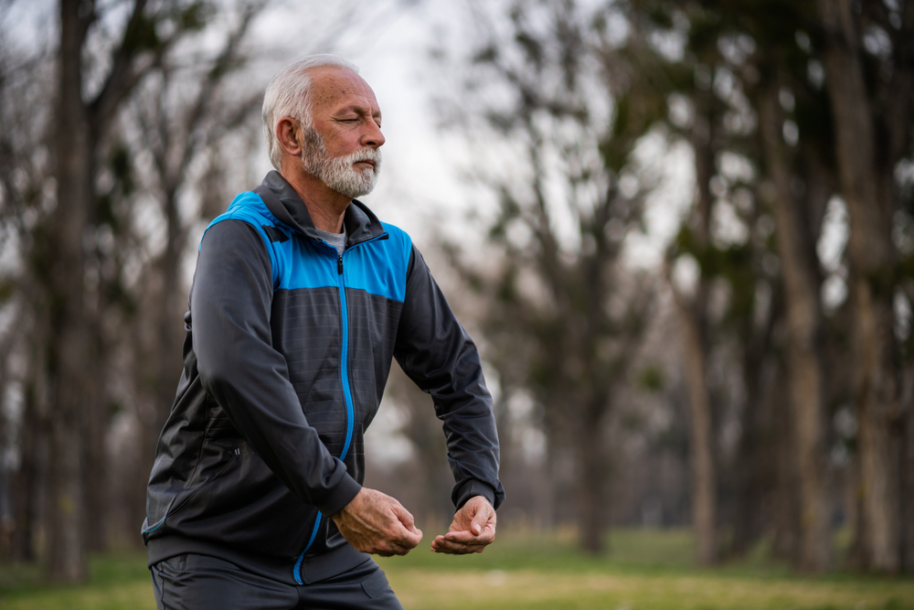 SeniorManIsPracticingTaiChiExerciseInPark - welltica.dk - Vejen til et bedre liv