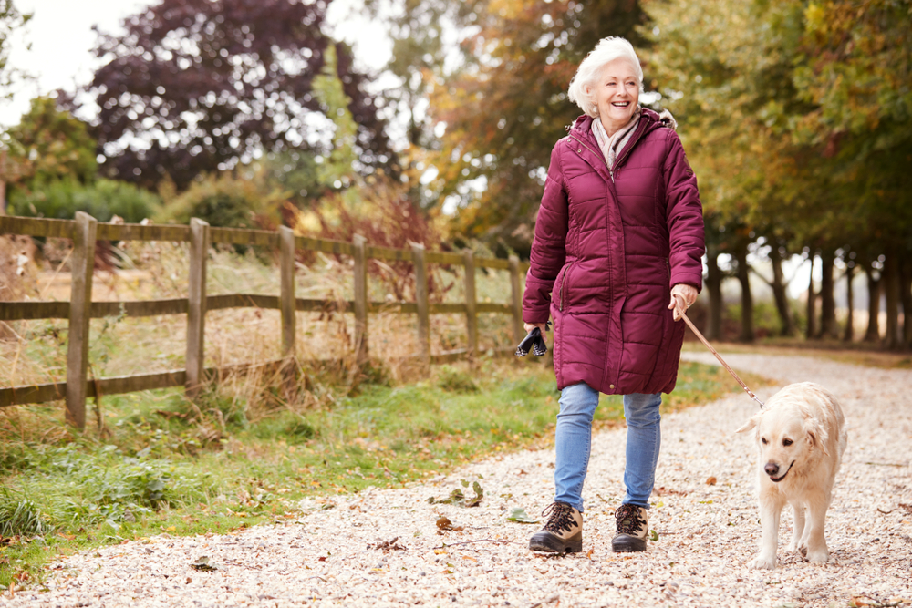 ActiveSeniorWomanOnAutumnWalkWithDogOnPath - welltica.dk - Vejen til et bedre liv